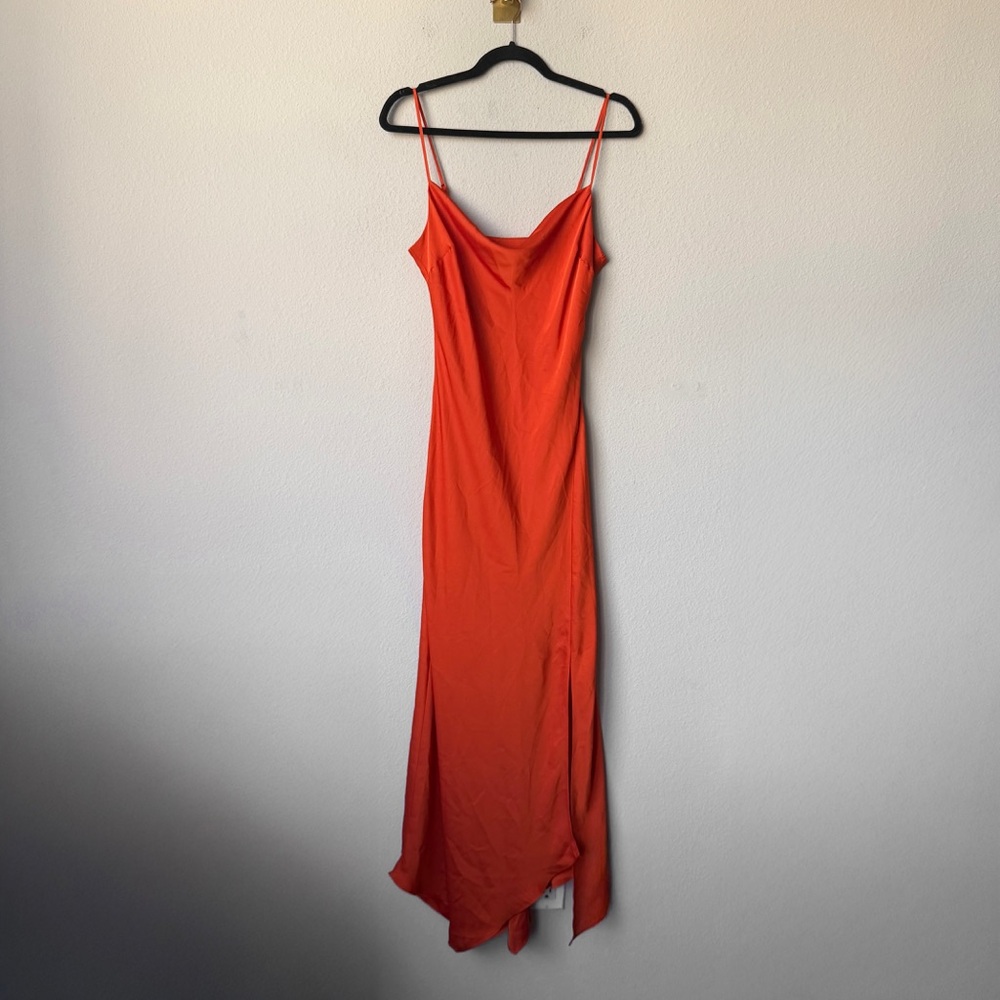 Express Orange Satin Cowl Neck Asymmetrical Midi Slip Dress Size M - Picture 2 of 6